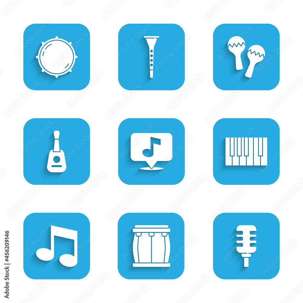 Set Musical note, Drum, Microphone, Grand piano, tone, Guitar, Maracas and Dial knob level icon. Vector Set Musical note, Drum, Microphone, Grand piano, tone, Guitar, Maracas and Dial knob level icon. Vector