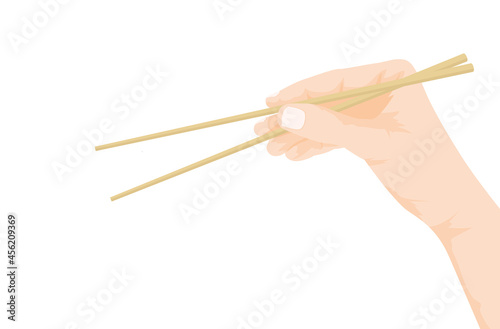 Vector illustration of hand holding chopsticks isolated on white background