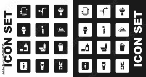 Set Washbasin with water tap, Electric toothbrush, Toilet bowl, boiler, iron, Industry metallic pipe, Bucket soap suds and Bottle of shampoo icon. Vector