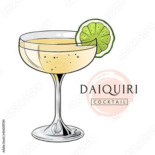 Daiquiri cocktail, hand drawn alcohol drink with lime slice. Vector illustration on white background