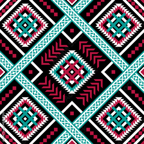 Traditional pattern, red and green geometric seamless vector pattern on black background