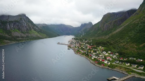 Flying above the Gryllefjord village and fjord on the Senja Island, Norway