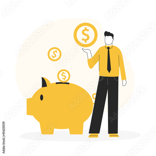 Cartoon guy depositing money. Business man invest to new startup project. Employee puts golden coins into piggy bank. Concept of finance, deposit