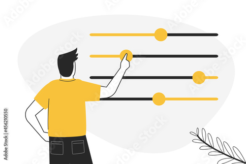 Cartoon man moves different sliders. Guy adjusts various parameters. Concept of custom settings. Male user customize settings. System adjust, control panel