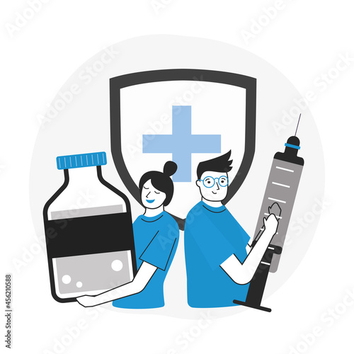 Cartoon team of doctors holding tube and syringe with injection from virus. Medical workers vaccinating people. People with of antiviral drug