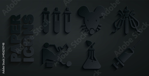 Set Plant breeding, Experimental insect, Prosthesis hand, Syringe, mouse and Reagent bottle icon. Vector