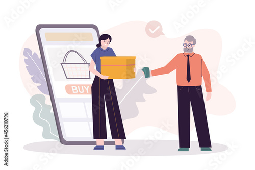 Female deliverer shipping purchase to grandfather. Delivery woman bring parcel and groceries to senior. Fast delivering for elderly people