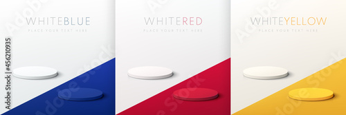 Set of abstract red, blue, yellow and white 3D cylinder pedestal podium on contrast floor background. Vector rendering minimal geometric platform collection design for product display presentation.