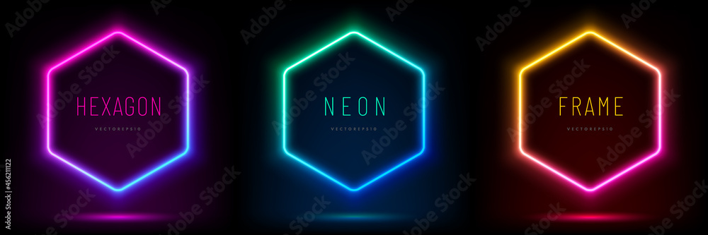 Set of pink-blue, red-purple, green illuminate hexagon frame design. Abstract cosmic vibrant color geometric backdrop. Collection of glowing neon lighting on dark background with copy space. Top view. - obrazy, fototapety, plakaty 