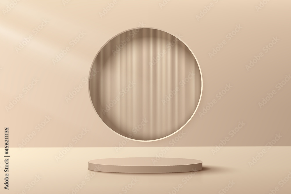 Abstract beige 3D cylinder pedestal podium with circle window and curtain inside. Luxury brown minimal wall scene for cosmetic product display presentation. Vector geometric rendering platform design. Abstract beige 3D cylinder pedestal podium with circle window and curtain inside. Luxury brown minimal wall scene for cosmetic product display presentation. Vector geometric rendering platform design.