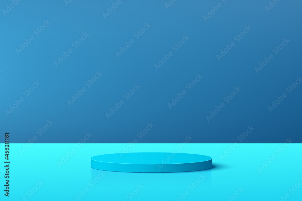 Abstract pastel blue 3D cylinder pedestal podium with blue minimal wall scene for cosmetic product display presentation. Vector geometric rendering platform design. Stage for promotion display.