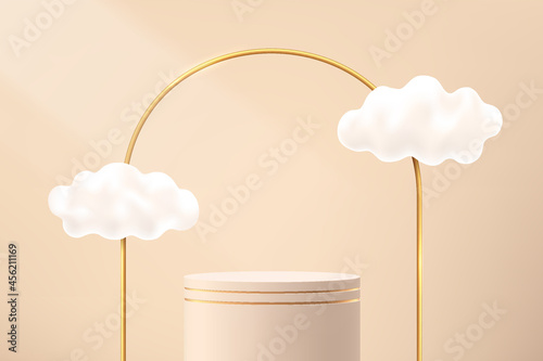 Abstract beige 3D cylinder pedestal or stand podium with golden arches and cloud flying. Luxury light brown minimal scene for cosmetic product display presentation. Vector geometric rendering platform