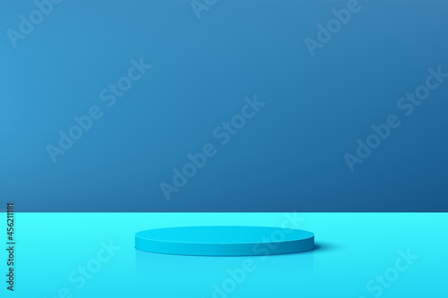 Abstract pastel blue 3D cylinder pedestal podium with blue minimal wall scene for cosmetic product display presentation. Vector geometric rendering platform design. Stage for promotion display.