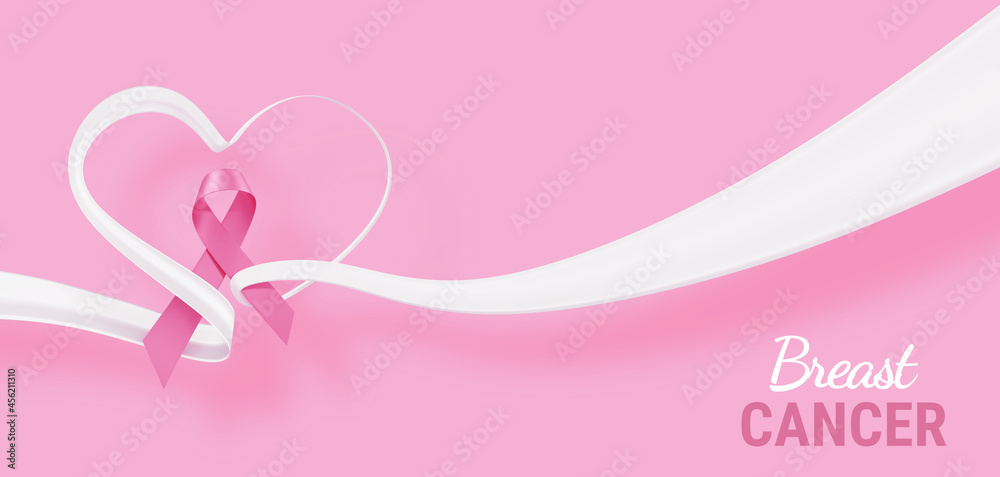 3d illustration of White Heart Ribbon with Pink Breast Cancer Awareness Realistic Ribbon with Loop and on Pink Color Background. Symbol of Breast Cancer Awareness Month Campaign with Text 3d illustration of White Heart Ribbon with Pink Breast Cancer Awareness Realistic Ribbon with Loop and on Pink Color Background. Symbol of Breast Cancer Awareness Month Campaign with Text