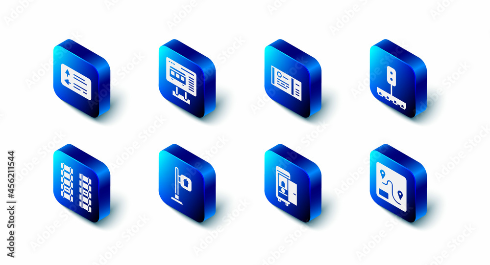 Set Ticket office to buy tickets, Train, traffic light, Route location, Toilet the train car, Cafe and restaurant, Railway, railroad track and Road signpost icon. Vector Set Ticket office to buy tickets, Train, traffic light, Route location, Toilet the train car, Cafe and restaurant, Railway, railroad track and Road signpost icon. Vector