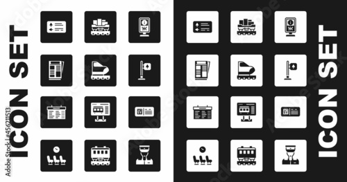 Set Information stand, High-speed train, News, Road traffic signpost, Cargo wagon, QR code ticket and Train station board icon. Vector