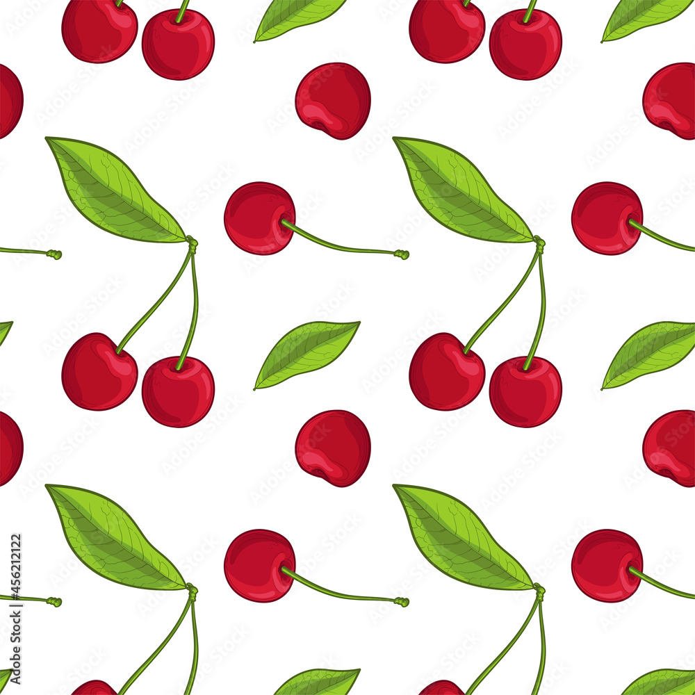 Cherry, double cherry and leaves. Juicy cherry, seamless vector pattern. Cherry, double cherry and leaves. Juicy cherry, seamless vector pattern.