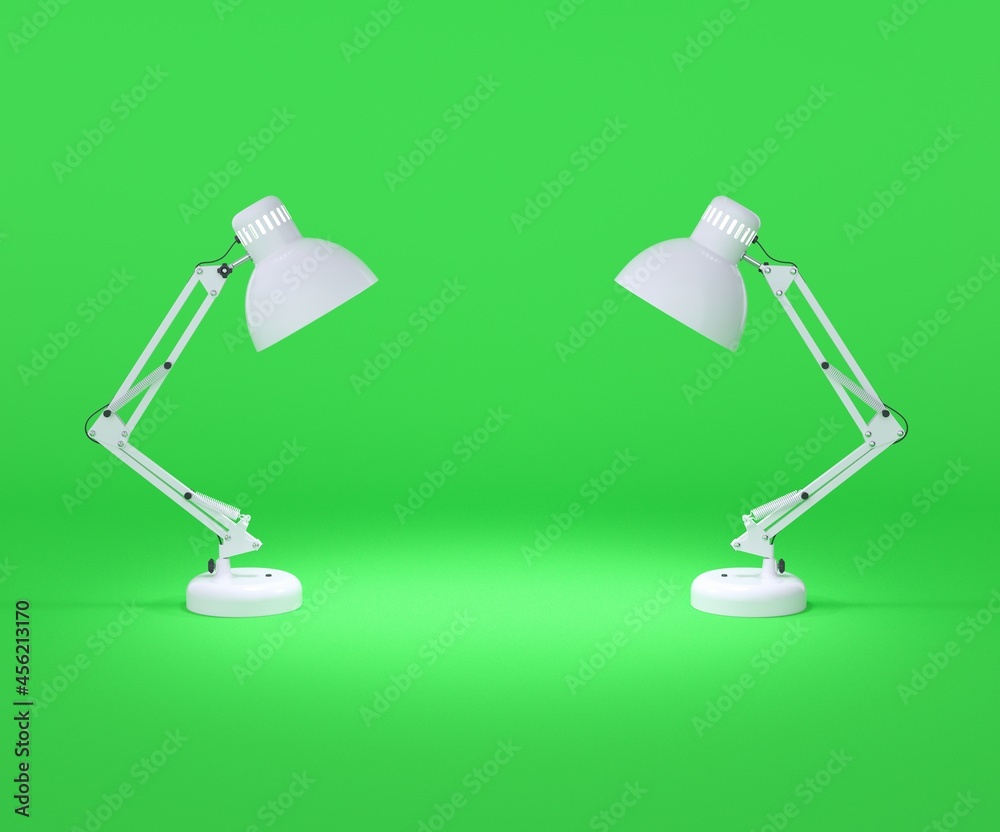 Two white table lamps illuminating the center of the scene. Green background. Two white table lamps illuminating the center of the scene. Green background.