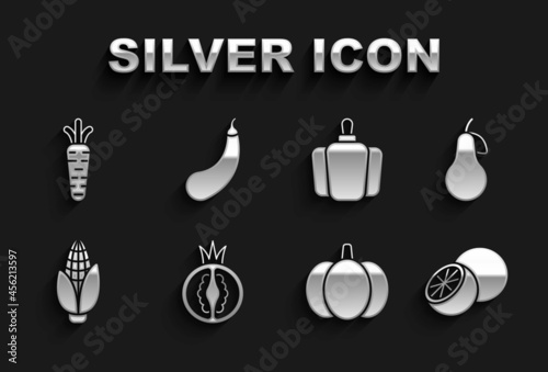 Set Tomato, Pear, Orange fruit, Pumpkin, Corn, Bell pepper, Carrot and Eggplant icon. Vector