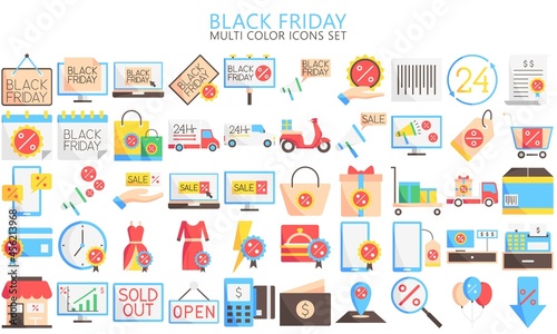 Black Friday multi color Icon set isolated. open sign, store, discount, sales, marketing, shopping and others. Symbols for mobile apps, UI or UX kit and applications, EPS 10 ready convert to SVG.