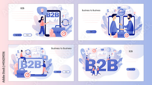 B2B : Business to business. Successful business collaboration. Tiny businessmens enter into agreement. Screen template for landing page, template, ui, web, mobile app, poster, banner, flyer. Vector 