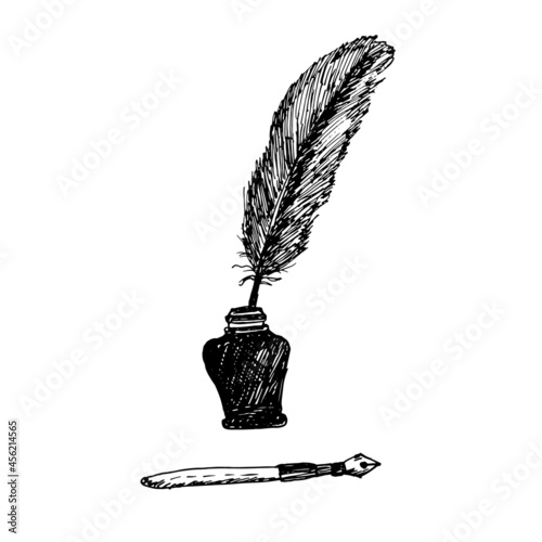Vector hand drawn feather and inkwell with pen illustration isolated on white. Sketch.