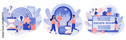 Escape room. Quest room. Tiny people trying to solve puzzles, find key, gettout of trap, finding conundrum solution. Exit maze. Modern flat cartoon style. Vector illustration on white background