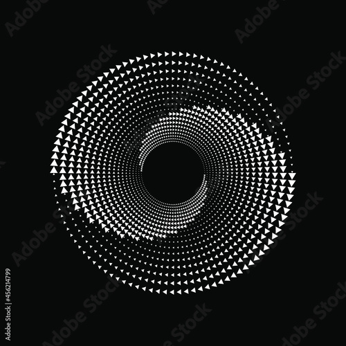 Abstract tiny white triangles in circle form. Geometric art. Halftone dots. Trendy design element for logo, tattoo, sign, symbol, web pages, prints, posters, template, pattern and abstract background