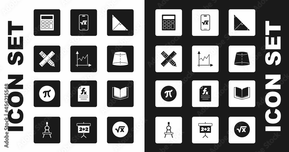 Set Angle bisector of a triangle, Graph, schedule, chart, diagram, Crossed  ruler and pencil, Calculator, Geometric figure, Square root x glyph, Open  book and Pi symbol icon. Vector Stock Vector | Adobe