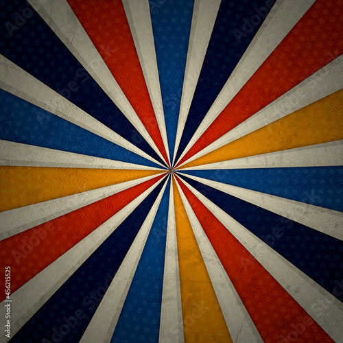 Abstract retro sunburst background. Vintage grunge image sun rays. The color palette is blue, red, yellow, in a radial stripe design
