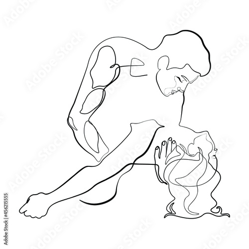 Continuous line of men and women show their love, kiss Valentine's Day Love Thailand vector illustration, hand-drawn lines, simple wedding couples.