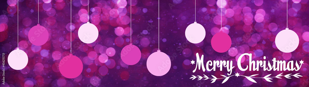 Merry Christmas festive celebration background banner panorama greeting card - Christmas balls, stars branches and hand lettering, on pink texture, with abstract bokeh lights