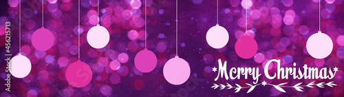 Merry Christmas festive celebration background banner panorama greeting card - Christmas balls, stars branches and hand lettering, on pink texture, with abstract bokeh lights