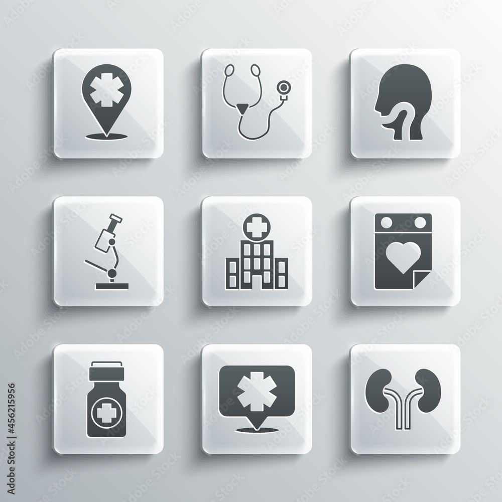Set Medical symbol of the Emergency, Human kidneys, Doctor appointment, hospital building, Medicine bottle and pills, Microscope, Location with cross and Sore throat icon. Vector Set Medical symbol of the Emergency, Human kidneys, Doctor appointment, hospital building, Medicine bottle and pills, Microscope, Location with cross and Sore throat icon. Vector