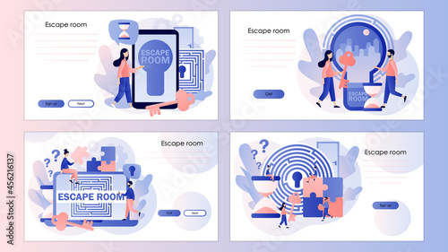 Escape room. Quest room. Tiny people trying to solve puzzles, gettout of trap, finding conundrum solution. Screen template for landing page, template, ui, web, mobile app, poster, banner, flyer.Vector