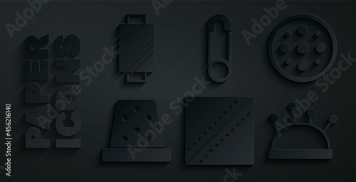Set Textile fabric roll, Sewing button, Thimble for sewing, Needle bed and needles, Safety pin and thread spool icon. Vector
