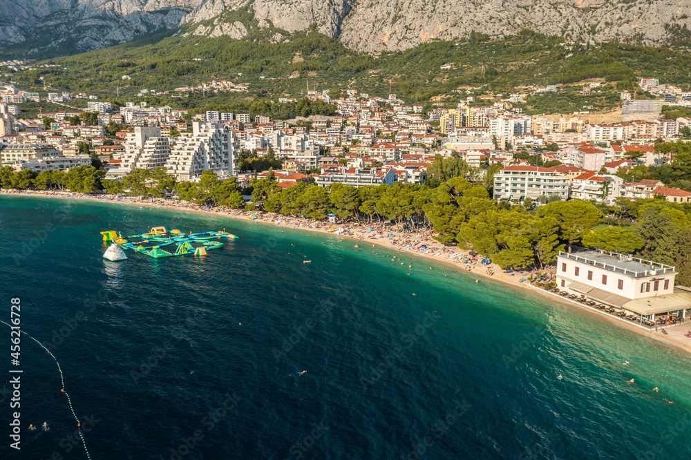 Aerial view of Makarska beach, the Adriatic Sea, Croatia
