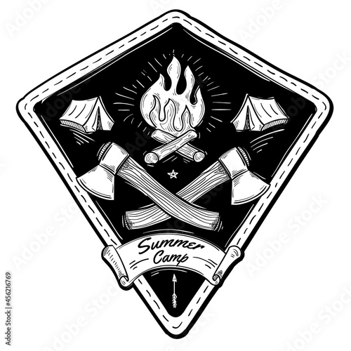 Summer camp - hand drawn black and white emblem
