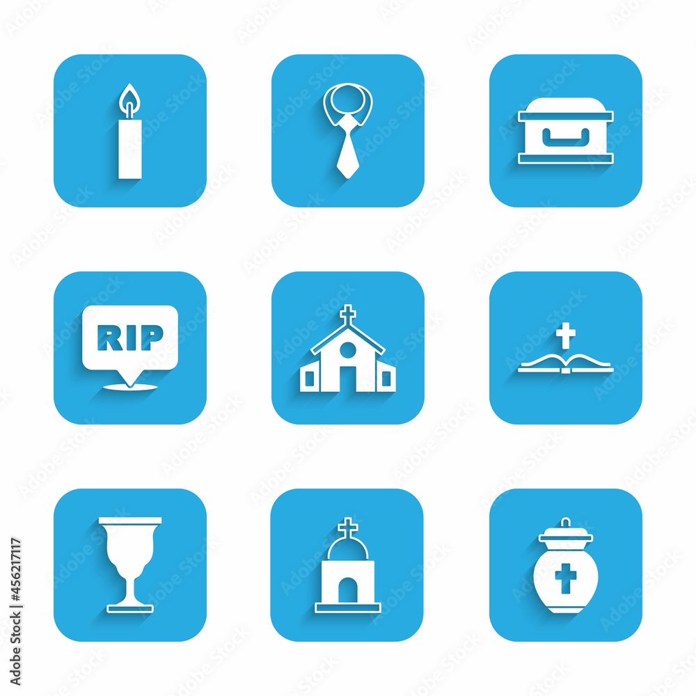 Set Church building, Old crypt, Funeral urn, Holy bible book, Christian chalice, Speech bubble rip death, Coffin with cross and Burning candle icon. Vector Set Church building, Old crypt, Funeral urn, Holy bible book, Christian chalice, Speech bubble rip death, Coffin with cross and Burning candle icon. Vector