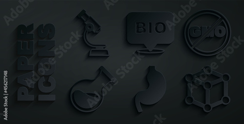 Set Human stomach, No GMO, Test tube and flask, Molecule, Bio healthy food and Microscope icon. Vector
