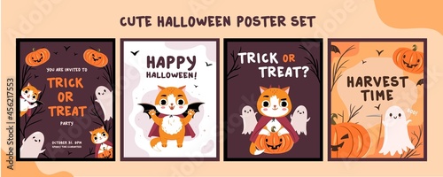 Cute halloween cards set with cartoon characters Halloween funny spooky cat, ghost, pumkin poster, greeting card design templates. Cartoon vector illustration.