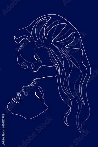 Continuous line of men and women show their love, kiss Valentine's Day Love Thailand vector illustration, hand-drawn lines, simple wedding couples.