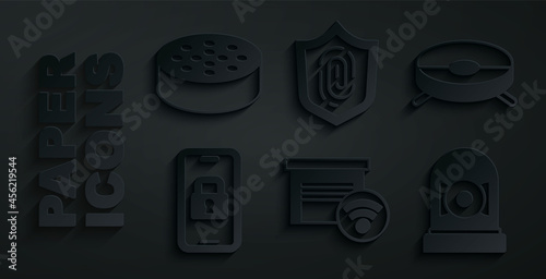 Set Smart garage, Robot vacuum cleaner, Digital door lock, Ringing alarm bell, Fingerprint and Water sensor icon. Vector