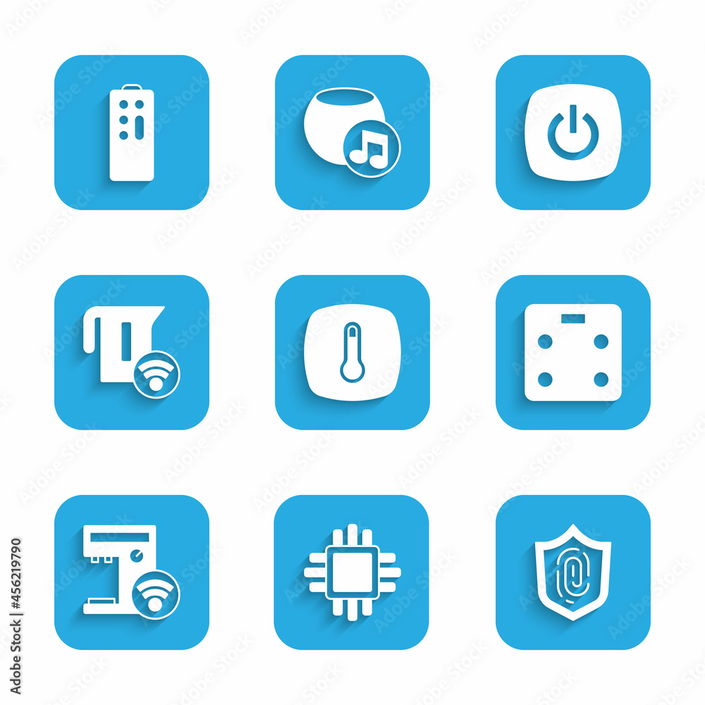 Set Thermostat, Processor with CPU, Fingerprint, Smart bathroom scales, coffee machine, electric kettle, home and Remote control icon. Vector Set Thermostat, Processor with CPU, Fingerprint, Smart bathroom scales, coffee machine, electric kettle, home and Remote control icon. Vector