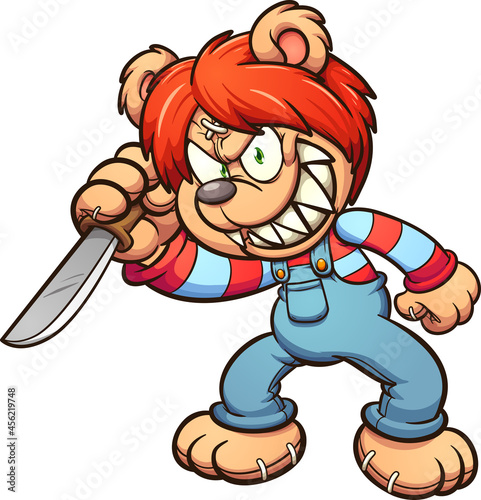 Evil Teddy bear holding a knife and smiling. Vector clip art illustration with simple gradients. All on a single layer.
