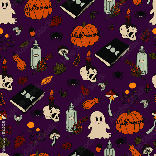 vector seamless pattern halloween eps . Doodle potion and wiccan symbols, pumpkin and skull , mushrooms and autumn leaves