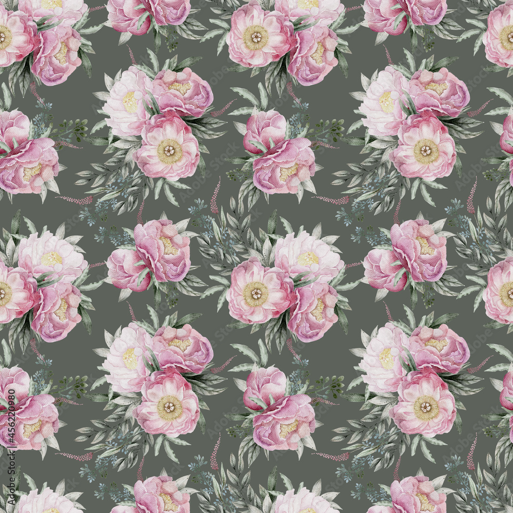 Watercolor pink roses pattern, botanical tiled texture, Delicate floral seamless background for textile, wallpapers or wrapping paper, Bohemian flowers, leaves and stems on green background