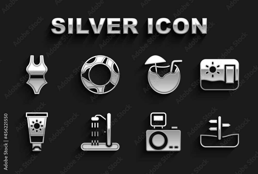 Set Beach shower, Travel postcard, Road traffic sign, Photo camera with flash, Sunscreen cream in tube, Coconut cocktail, Swimsuit and Rubber swimming ring icon. Vector Set Beach shower, Travel postcard, Road traffic sign, Photo camera with flash, Sunscreen cream in tube, Coconut cocktail, Swimsuit and Rubber swimming ring icon. Vector