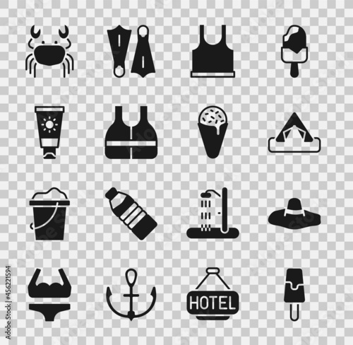 Set Ice cream, Elegant women hat, Tourist tent, Sleeveless T-shirt, Life jacket, Sunscreen in tube, Crab and waffle cone icon. Vector