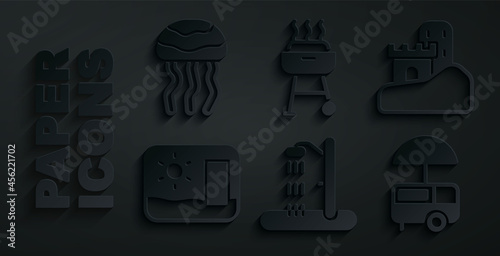 Set Beach shower, Sand castle, Travel postcard, Fast street food cart, Barbecue grill and Jellyfish icon. Vector